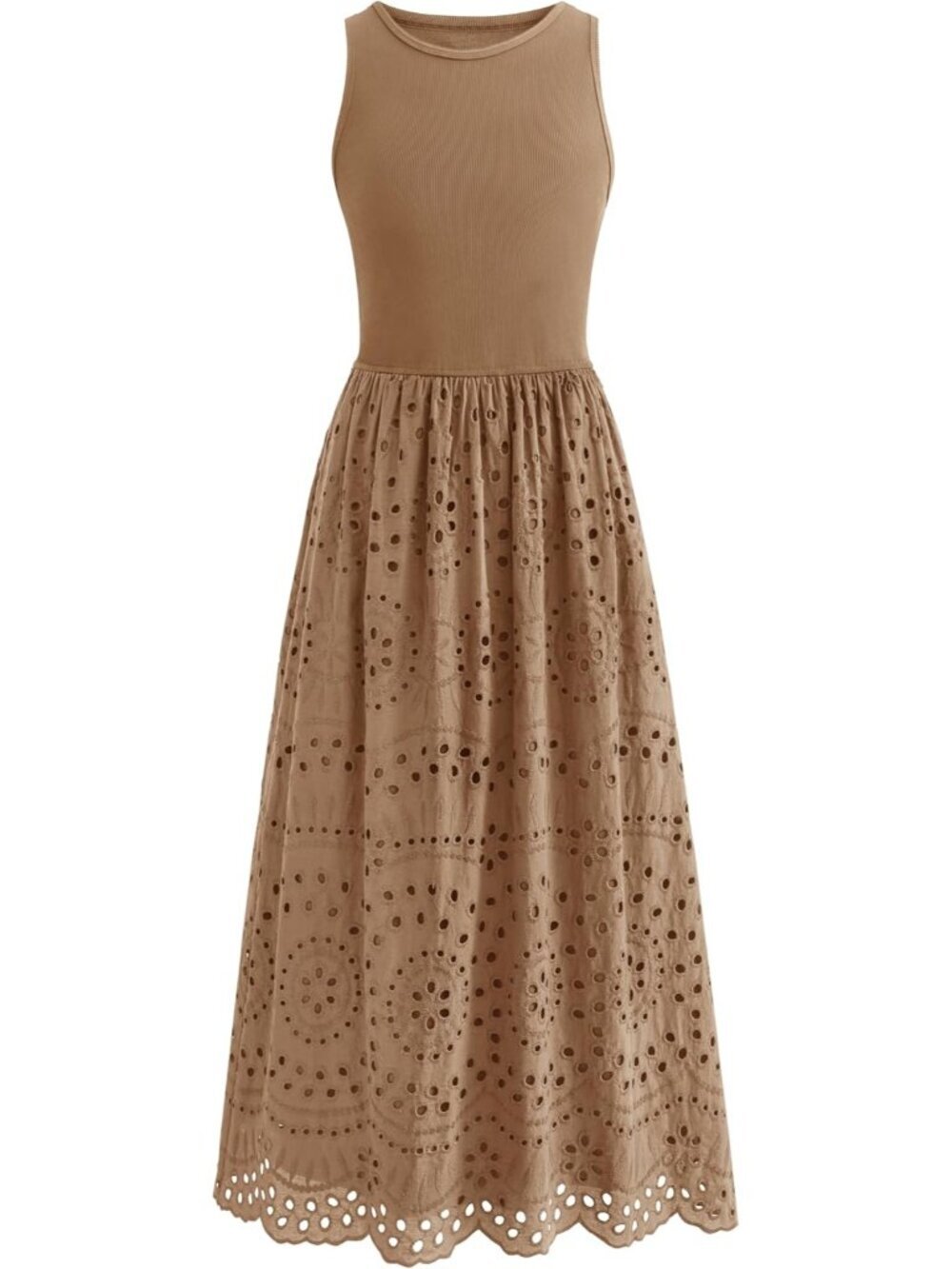 Women's Khaki Sleeveless Crew Neck Lace Imported A-line Cotton Maxi Dress